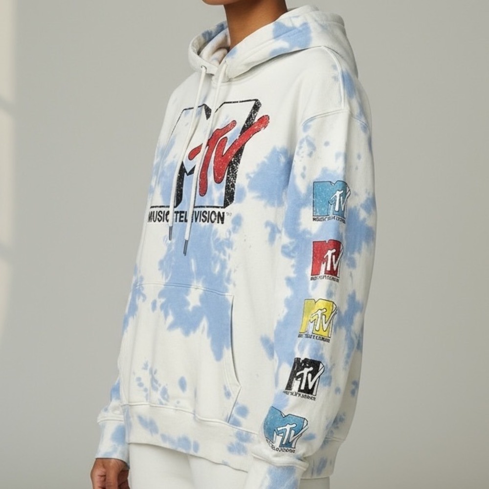 MTV Music Television Hoodie Sweatshirt Blue Tie‎ Dye Graphic Medium